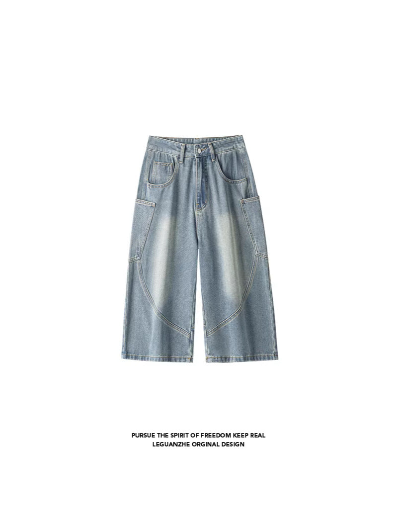 American Retro Curved Patchwork Large-Pocket Wide-Leg Shorts