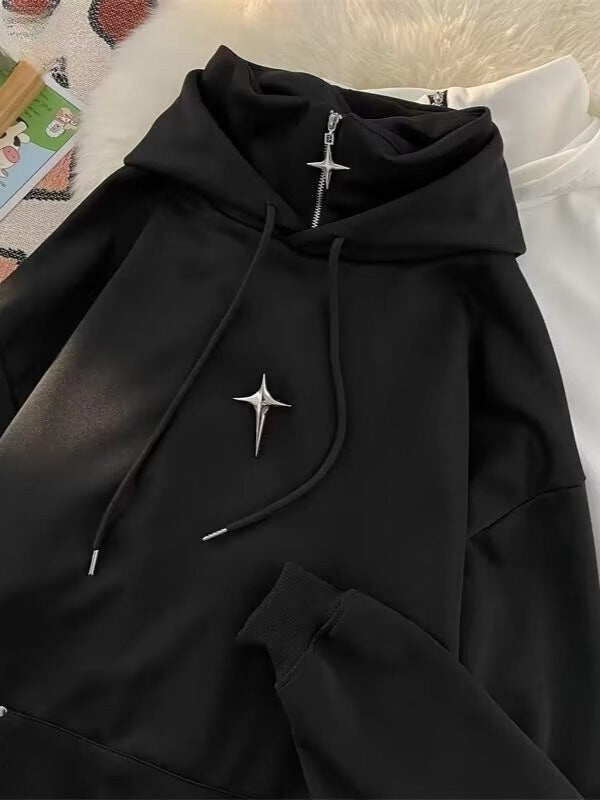 Black Fleece-Lined Pile Collar Hoodie for Men, Oversize Winter Coat
