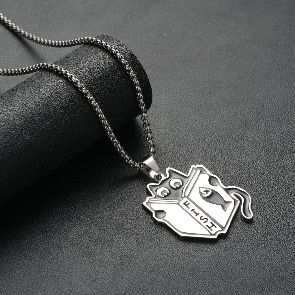 FISH Reading Cat Necklace Stainless Steel Black Cat Pendant