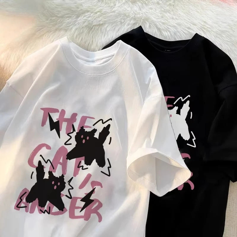 Pure Cotton men's Horror Cat Print Short-Sleeve T-Shirt