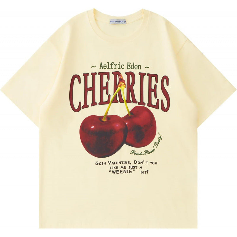 European Size Pure Cotton Cherry Print Unisex T-Shirt