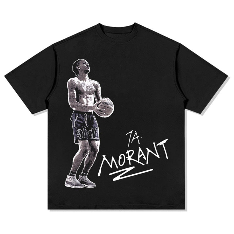 European Size Cotton Morant Basketball Vintage Print T-Shirt
