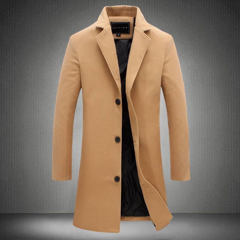 Men’s Woolen Slim Mid-Length Coat – Autumn/Winter Trench Coat