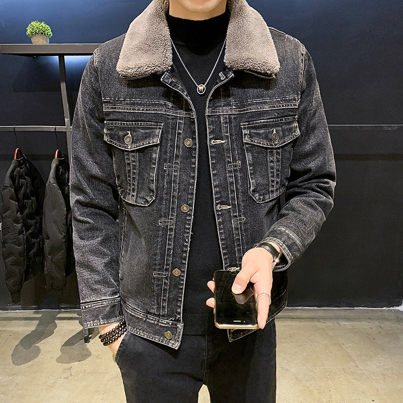 Men's Winter Denim Jacket Lamb Fur Collar Slim Fit Warm Coat