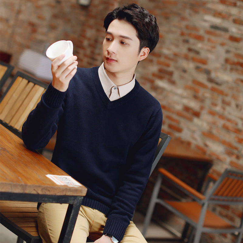 Men’s Autumn Winter V-Neck Sweater Slim-Fit Knitted Pullover