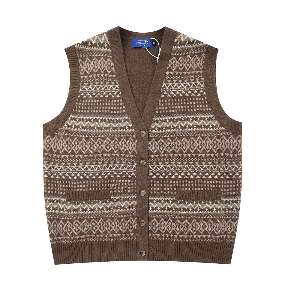 Japanese Style Vintage Ethnic Style Jacquard Cardigan Vest Sweater V-Neck Loose Knitted Sweater All-Match Casual Couple Shirt