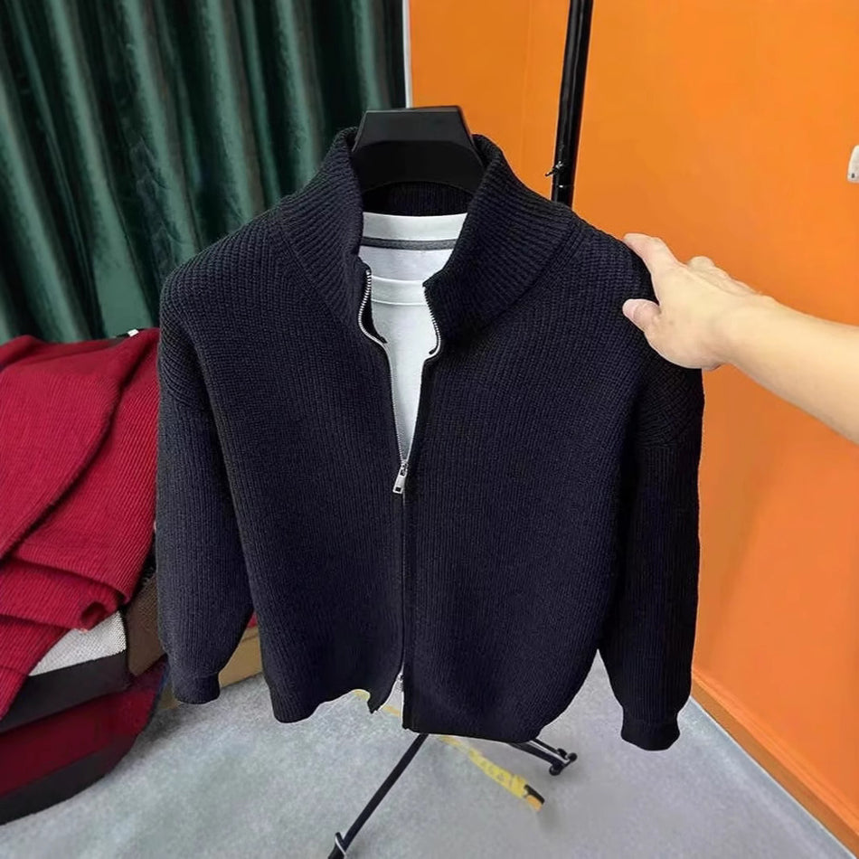 Men’s Zipper Cardigan Sweater – Slim Vertical Collar Knitwear