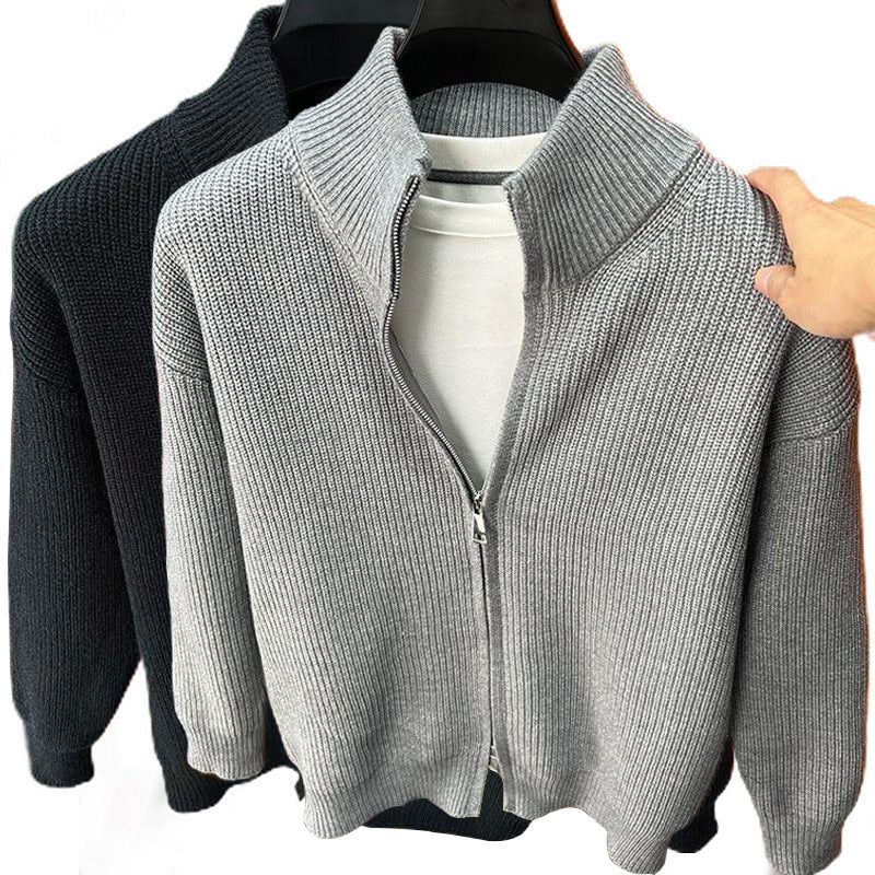 Men’s Stand Collar Cardigan Sweater – European Zipper Jacket