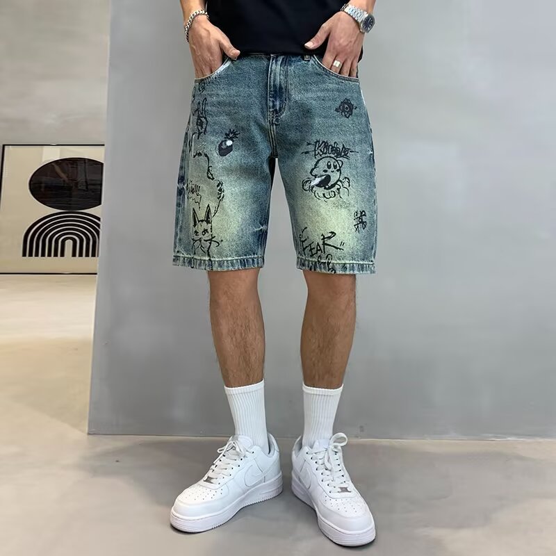 Graffiti Printed Retro Denim Shorts for Men