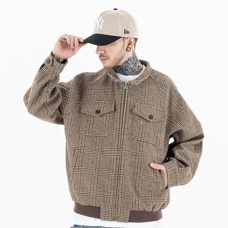 Vintage Houndstooth Harrington Jacket – Men’s Maillard Wool Collar Autumn 2025