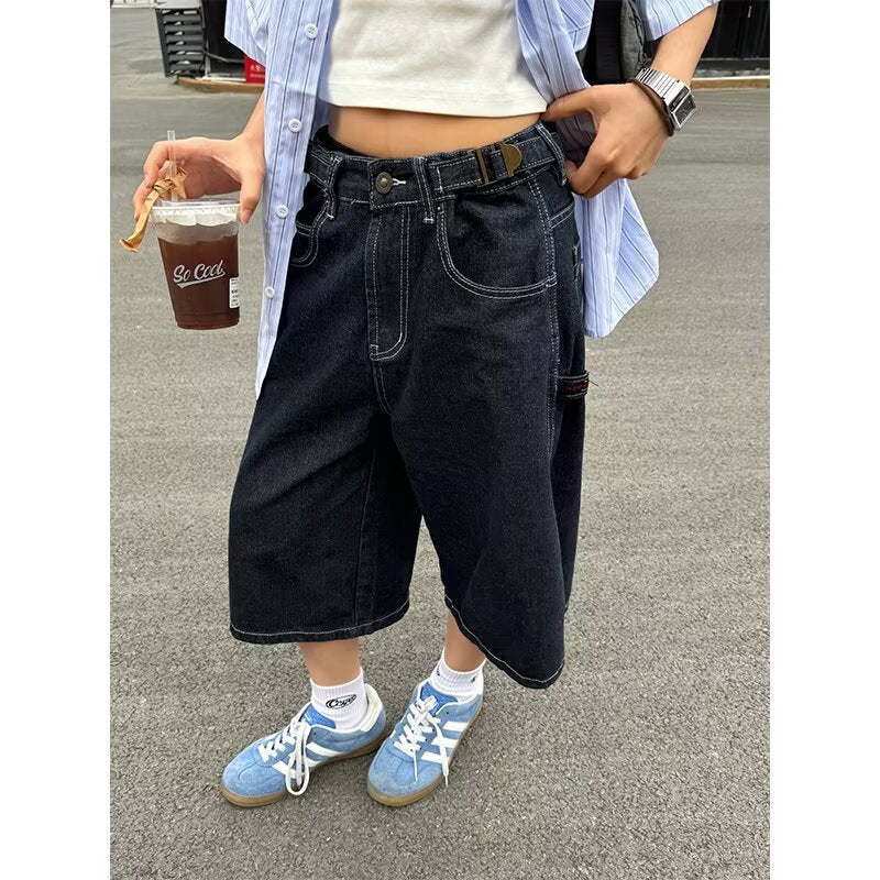 American Retro Wide-Leg Cropped Denim Pants