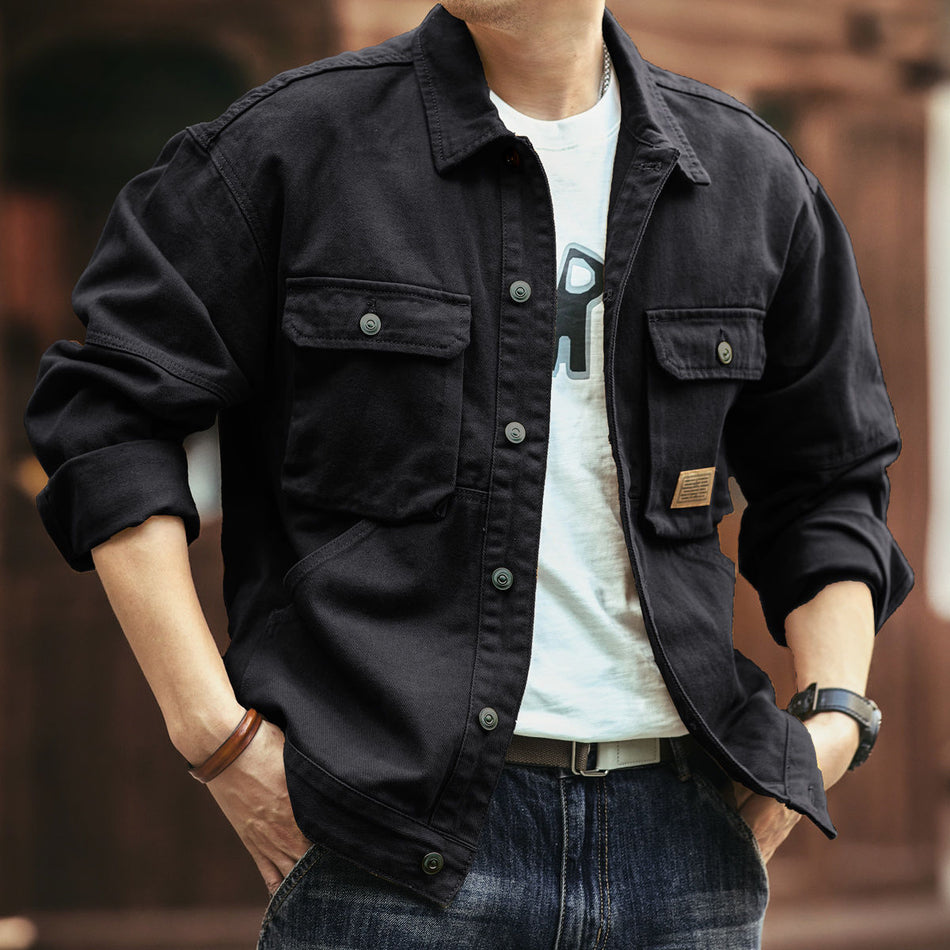 Men's Black Denim Jacket Spring Autumn Loose Retro Coat
