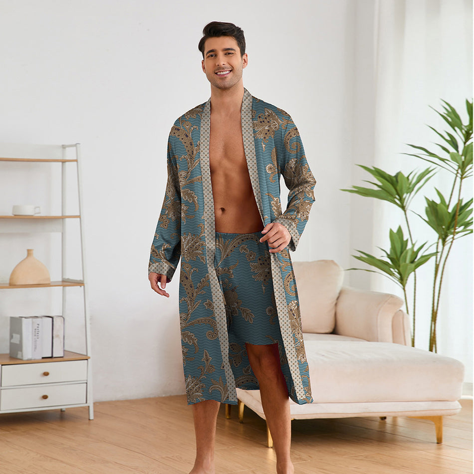 Men’s Printed Nightgown Set | Long Sleeve Shorts Home Pajamas