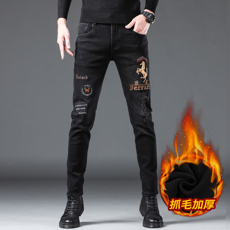 Black Slim Fleece Jeans Embroidered Winter Men