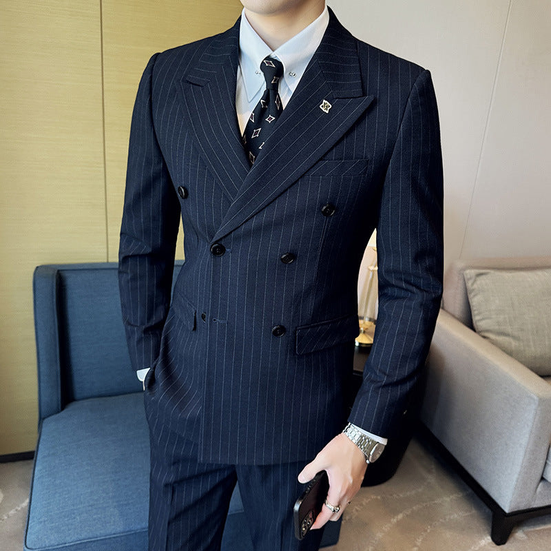 Men’s Double-Breasted Three-Piece Striped Wedding Suit
