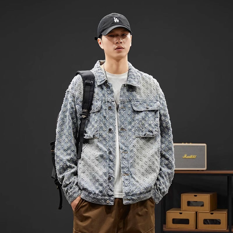 Men's 2025 Washed Denim Jacket Spring Autumn Retro Jacquard