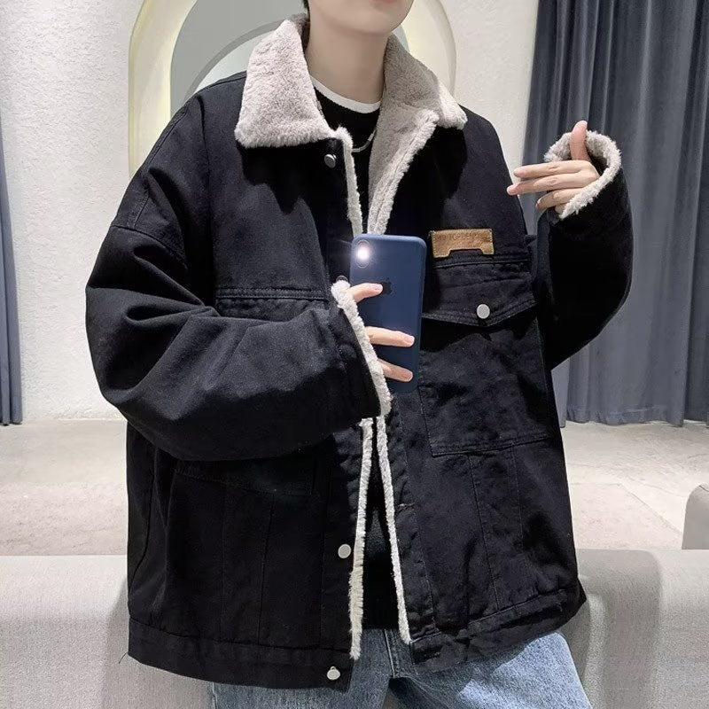 Men's Denim Coat Fleece-Lined Thickened Warm Cotton-Padded Jacket