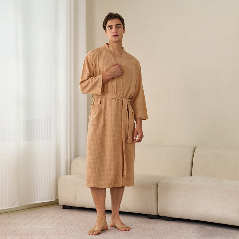 Lightweight Waffle Bathrobe – Summer Three-Quarter Sleeve Nightgown for Men & Women