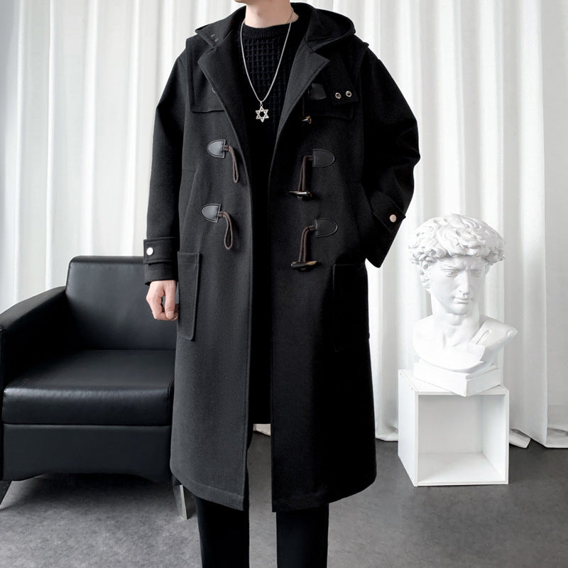 Men’s Woolen Hooded Coat – Mid-Length Horn Button Windbreaker