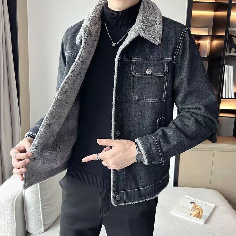 Men’s Winter Denim Jacket | Fleece-Lined Wool Collar Slim Fit