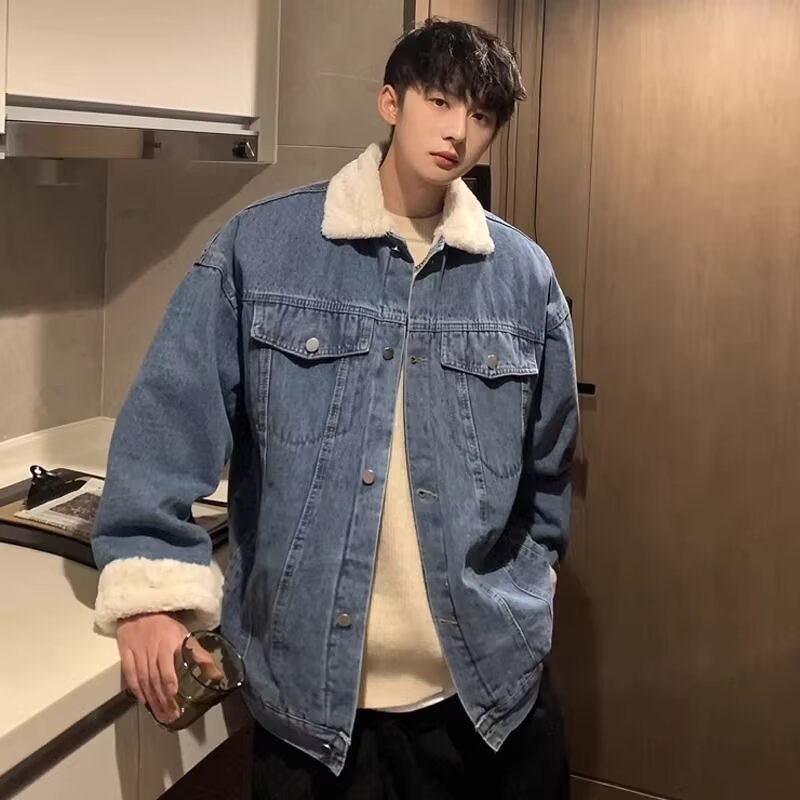 Men's Lambswool Denim Jacket Fur Collar Loose Casual Winter Coat