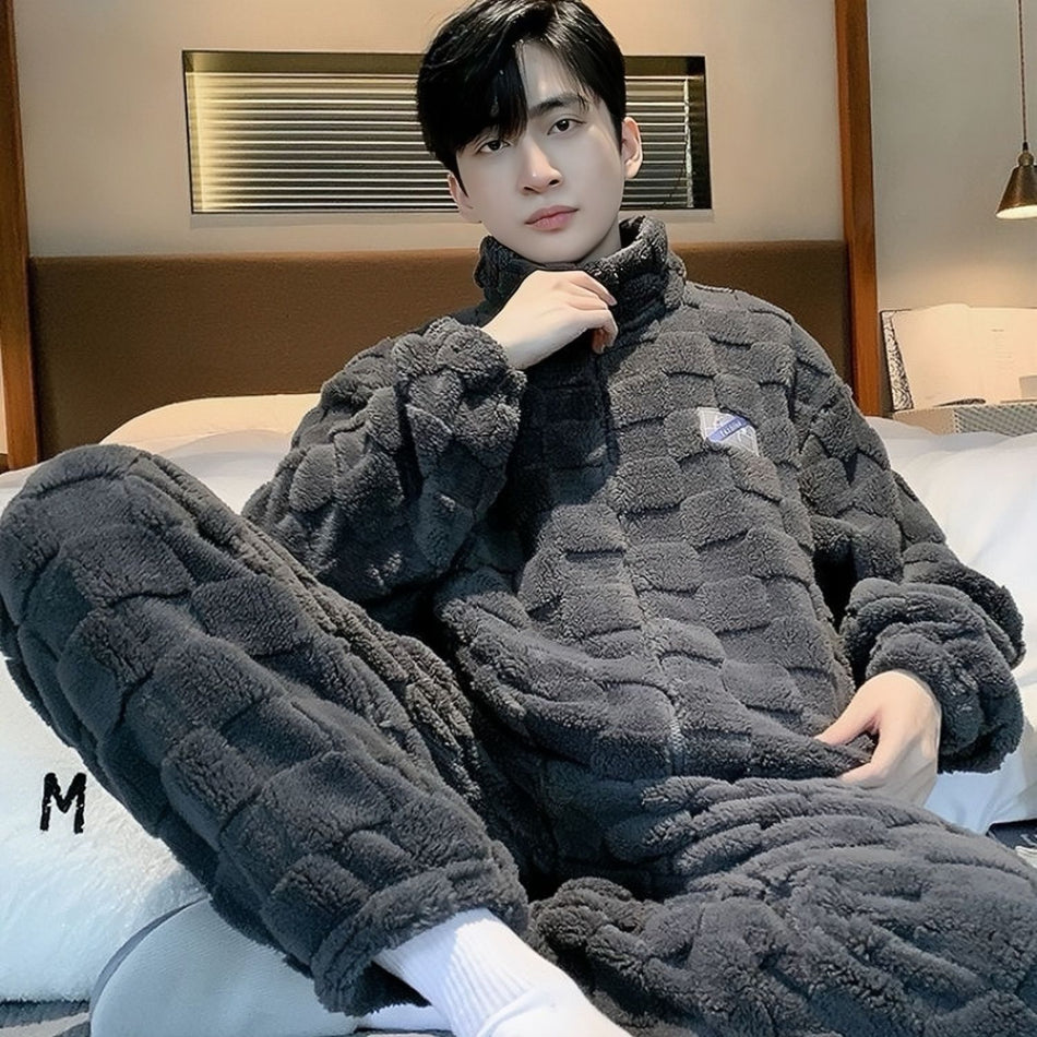Men’s Coral Fleece Pajamas Zipper Slim-Fit Winter Suit
