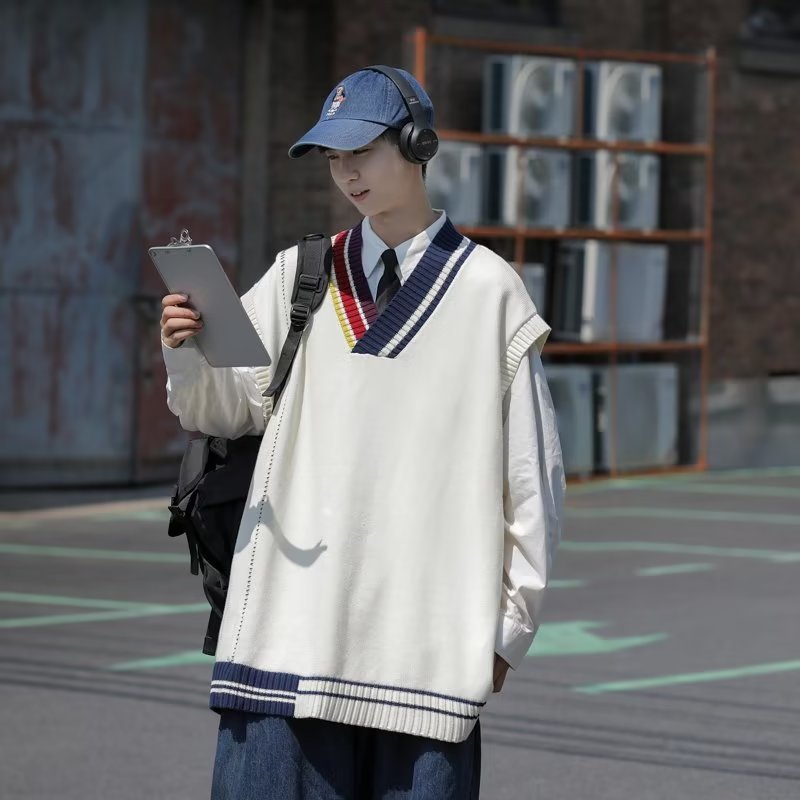 Men’s Sleeveless Sweater – Autumn V-Neck College Style Vest