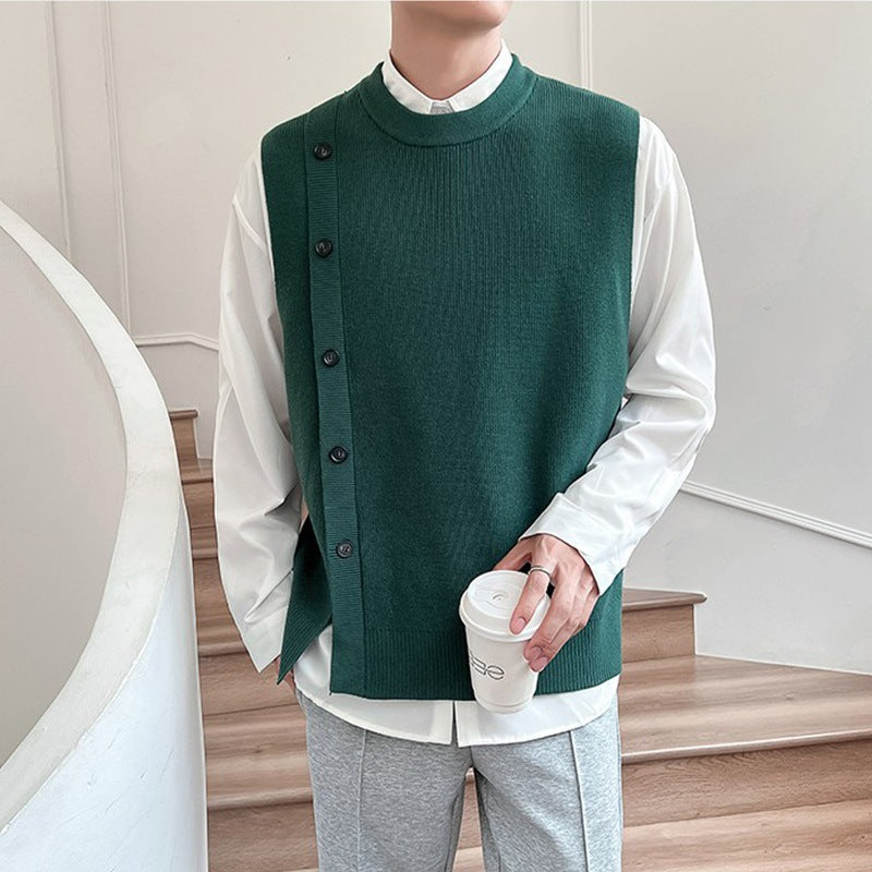 Men’s Sleeveless Sweater Vest – Solid Color Asymmetric Knit