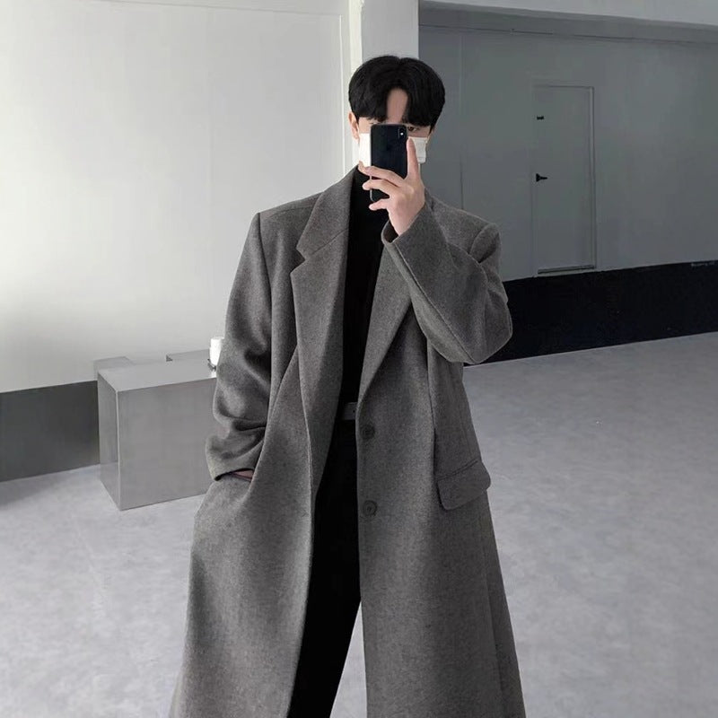 British Windproof Mid-Length Wool Coat Men Loose Trendy