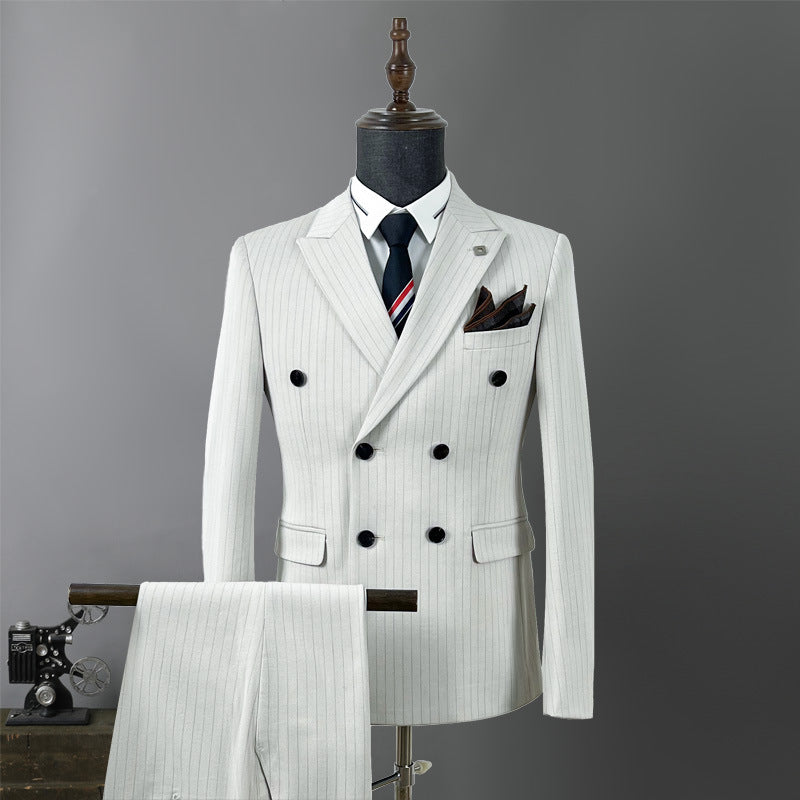 Men’s Double-Breasted Striped Suit Slim Wedding Outfit
