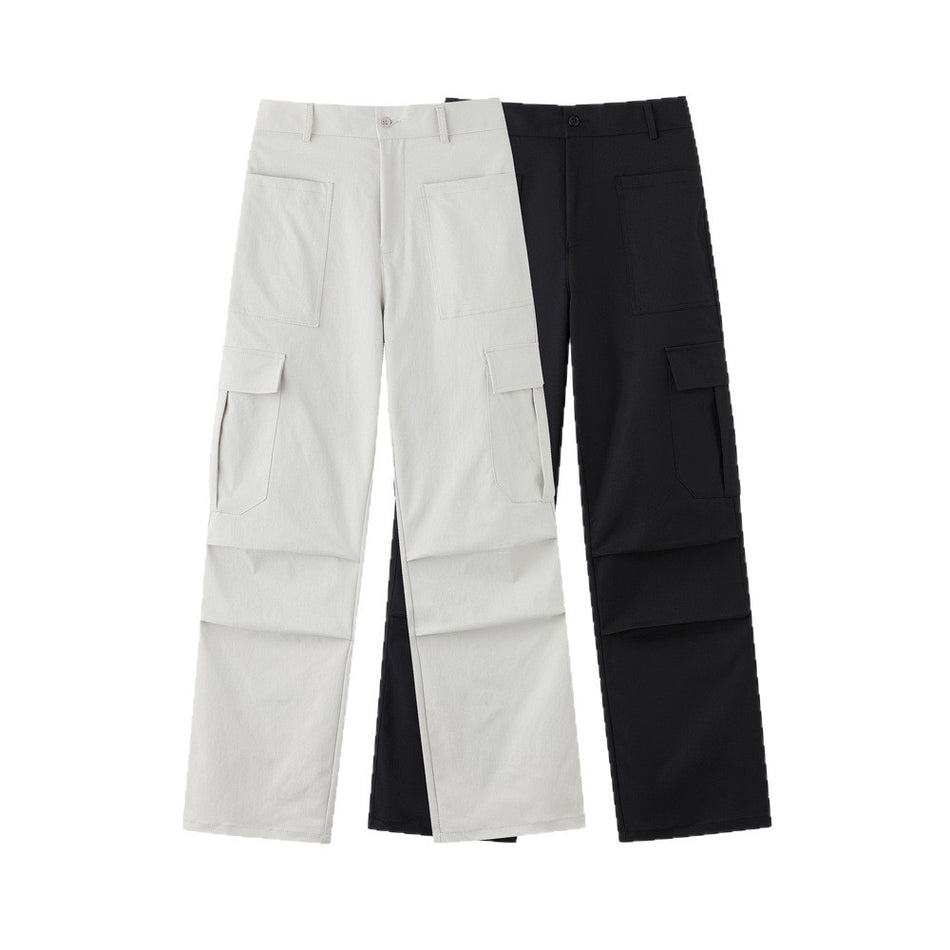 Beige Multi-Pocket American Style Casual Pants
