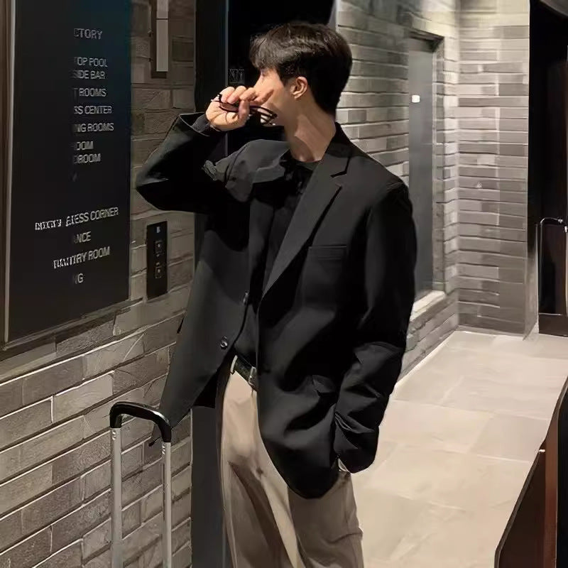 Korean Men’s Casual Suit Jacket – Loose Black Autumn Style