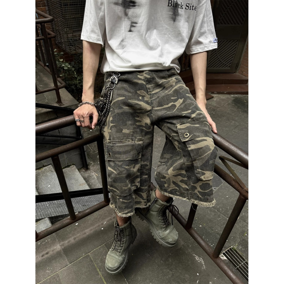 Raw-Edge Camouflage Cargo Denim Shorts
