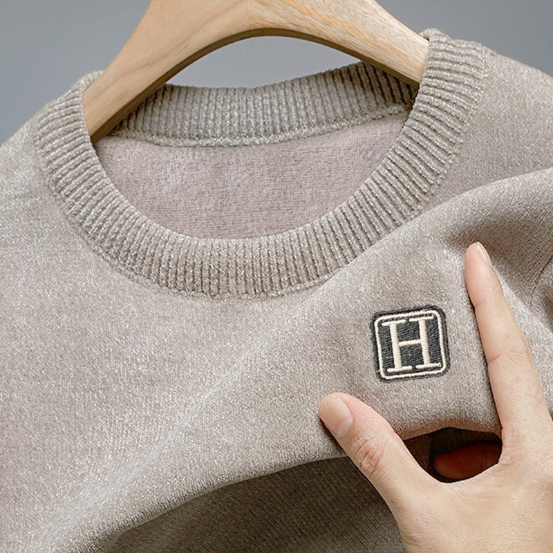Men’s Velvet Knit Sweater Warm Chenille Round-Neck Pullover