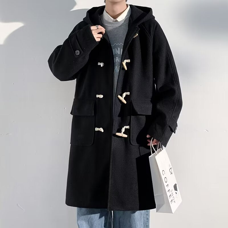 Men’s Cashmere Wool Coat – Hooded Horn Button Mid-Length Jacket