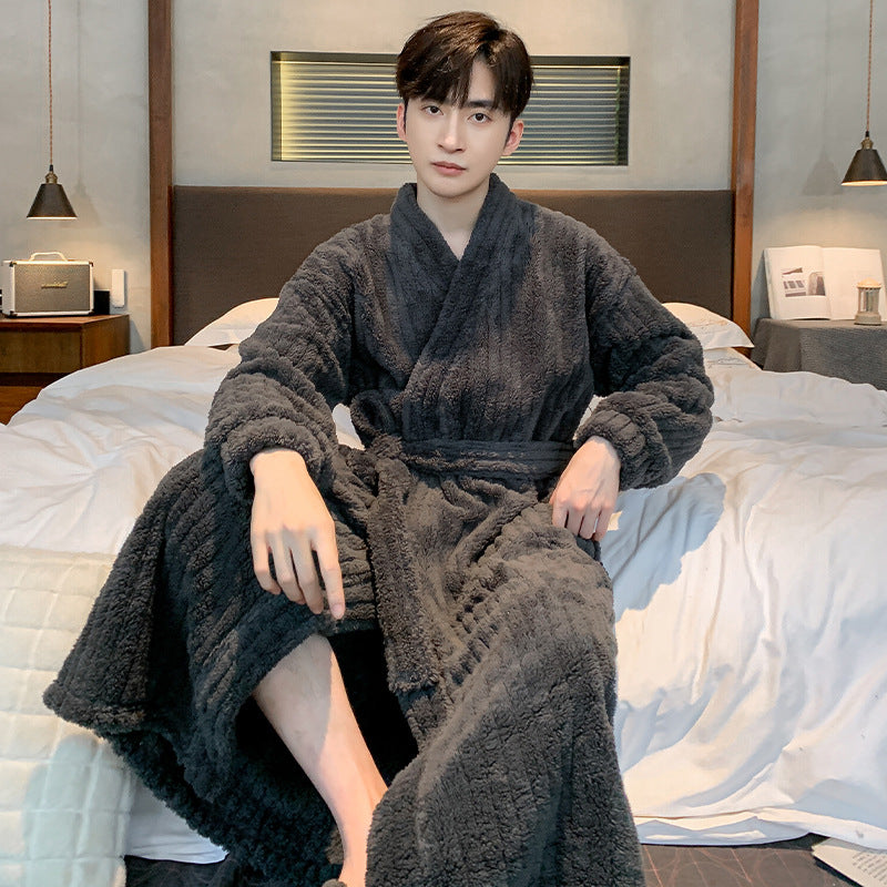 Couple’s Winter Coral Fleece Bathrobe – Thickened Fleece-Lined Long Nightgown for Men