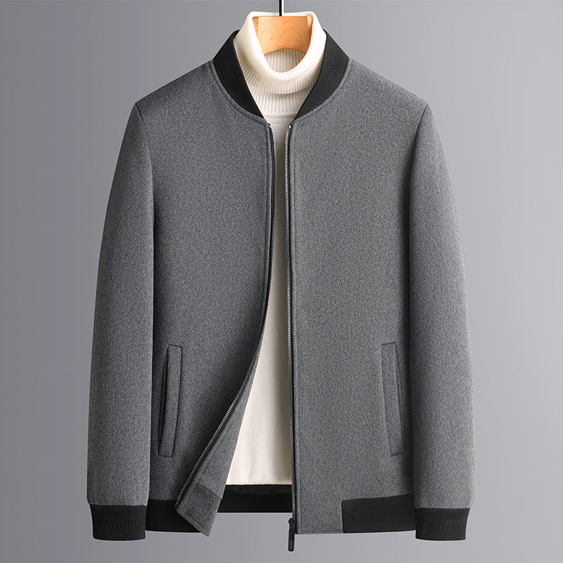 Men’s Herringbone Double-Faced Wool Coat – Short Baseball Collar Sheepskin Jacket