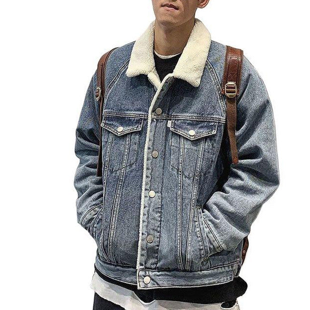 Men's American-Style Fleece-Lined Denim Jacket Thick Winter Coat