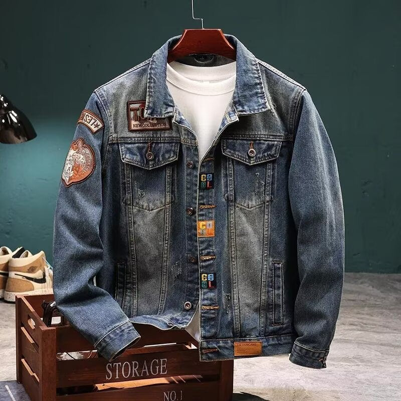 Men's Embroidered Denim Jacket Spring Autumn Loose Coat