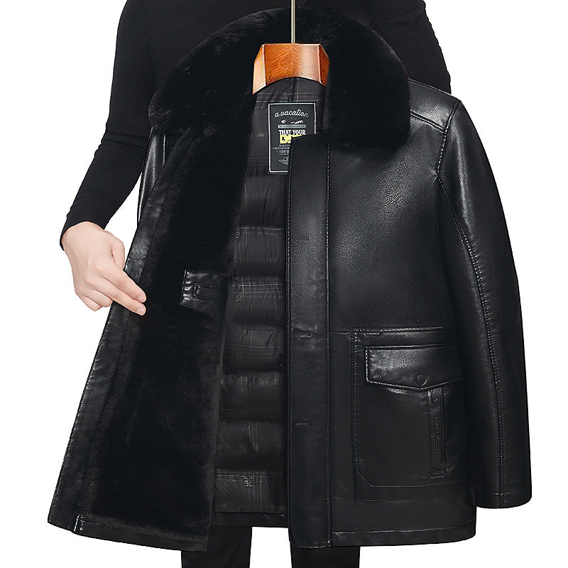Men’s Mid-Length Leather Coat Fleece-Lined Dad Jacket