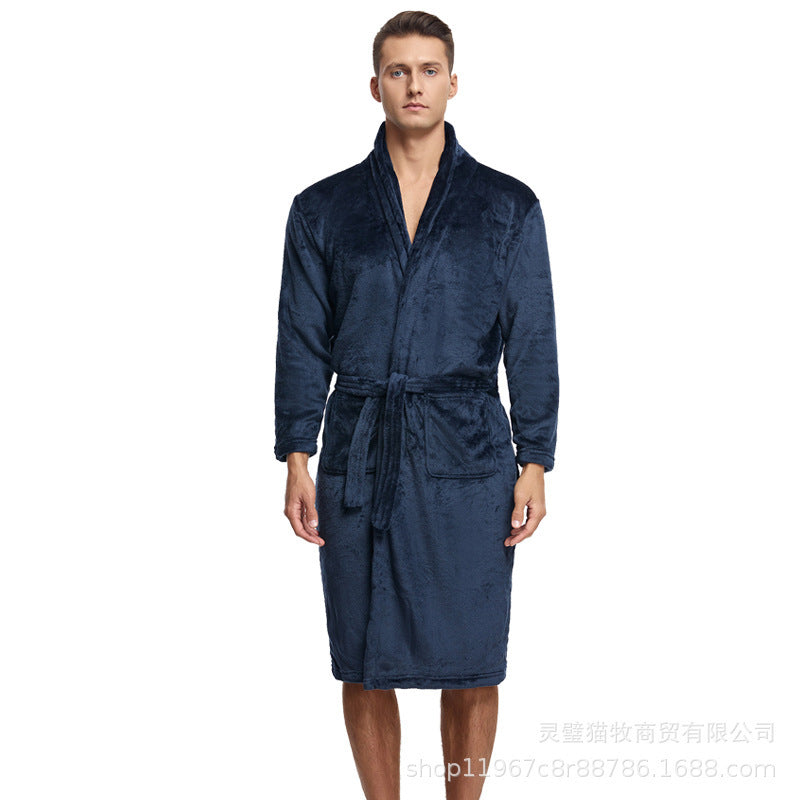 Men’s Winter Flannel Bathrobe – Thick Coral Fleece Nightgown Pajamas