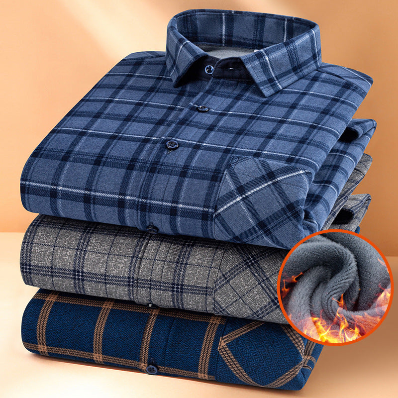 Velvet-Lined Thick Plaid Shirt Men’s Autumn Winter Casual