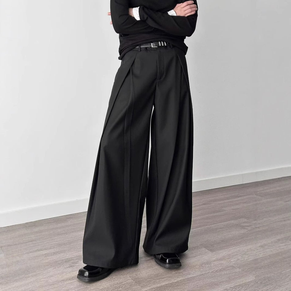 American Retro Gray Pleated Wide-Leg Pants