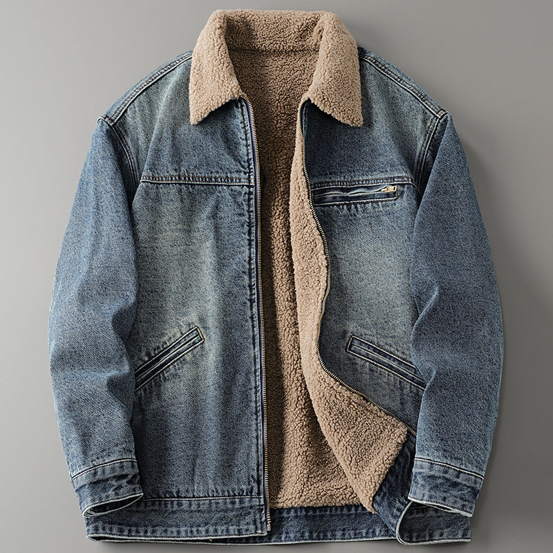 Yuan Yue Men’s Denim Jacket | Winter Fleece-Lined Fur Collar Coat