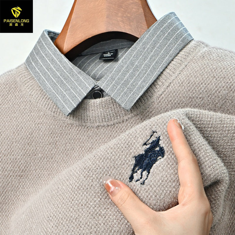 Men’s Autumn Winter Fleece-Lined Chenille Fake Two-Piece Sweater