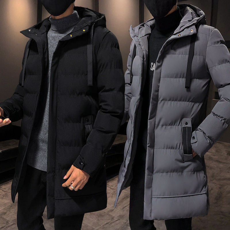 Men’s Mid-Length Cotton-Padded Jacket – Thick Hooded Winter Coat