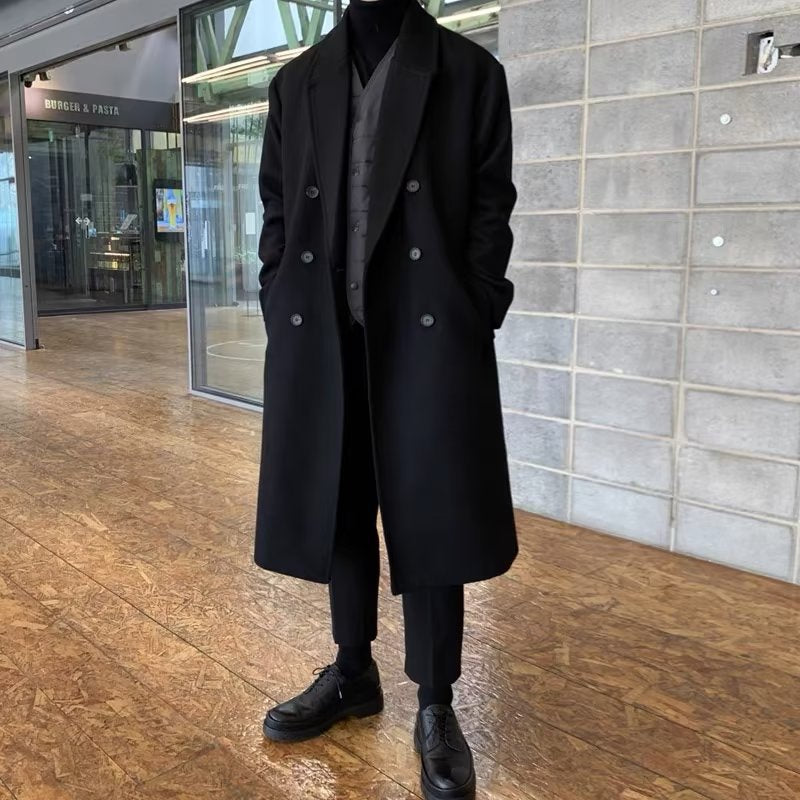 Men’s Woolen Pu Coat – Loose Mid-Length Double-Breasted Winter Coat
