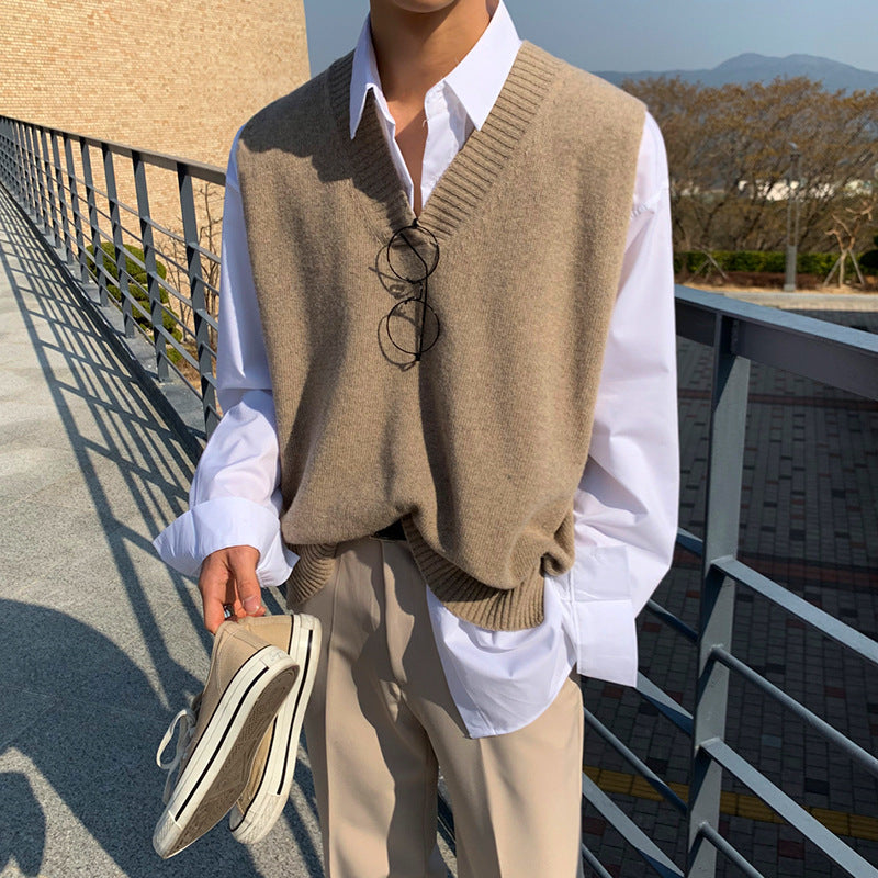Men’s Sleeveless Sweater – Pure Color Korean V-Neck Vest