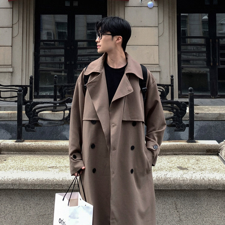 Belted Over-Knee Windbreaker – Korean-Style Men’s Double-Breasted Coat