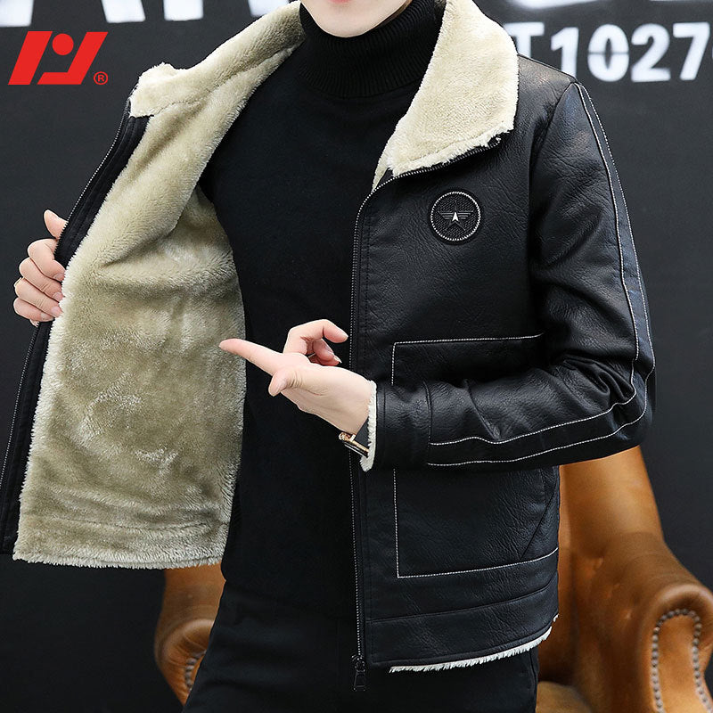 Men’s Casual Leather Jacket Autumn Winter Fleece Coat